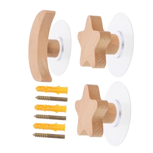 Mobestech 3 Stück Wandhaken aus Buchenholz mit Mond und Stern Design Selbstklebend Wiederverwendbar Dekorative Wandmontage für Kleidung Schlüssel Handtücher und Accessoires im von Mobestech