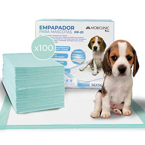 Mobiclinic® Pets, Pack 100, Welpen unterlagen, XL, 56x56 cm, 6 Schichten, Ultraabsorbierend, Europäische Marke, Hygieneunterlage, Welpen, Inkontinenzunterlage einweg, Tiertraining, Katzen von Mobiclinic