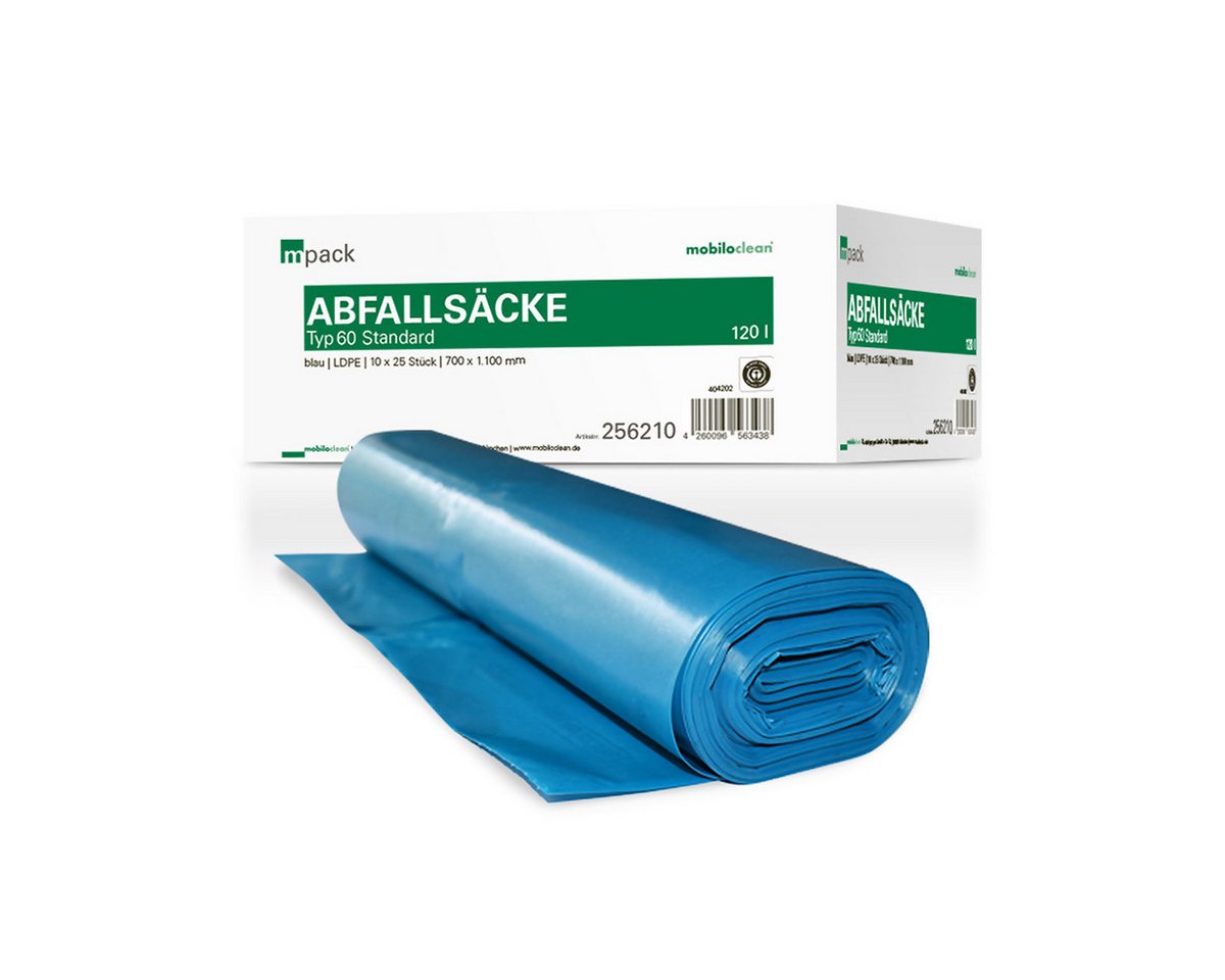 Mobiloclean Müllsack mpack Abfallsäcke 120L T60 blau – Robuste Müllsäcke für Baustellen & G von Mobiloclean