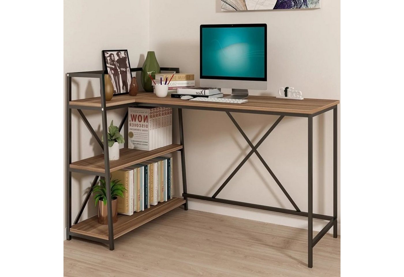 Moblix Schreibtisch LORI Bürotisch, Computertisch, mit Bücherregal, Industriell (Bücherregal integriert, L-Form, Industrie Design) von Moblix