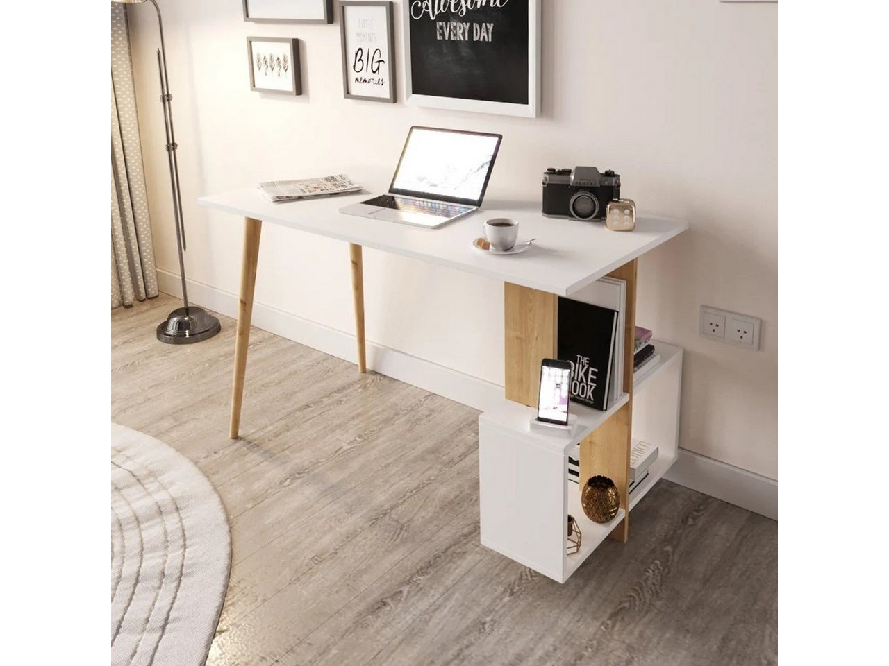 Moblix Schreibtisch MALIX Bürotisch, Computertisch, mit 4 Ablagen, 120x60x73 cm (Büromöbelstück, weißer Finish, Natur Holz) von Moblix