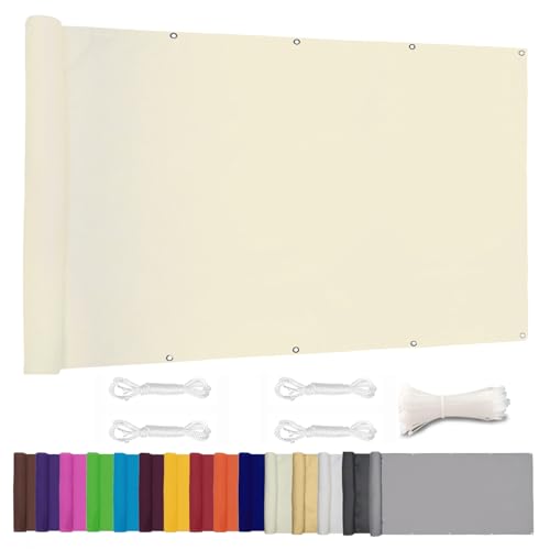 Moboo Balkon Sichtschutz PB2 PES blickdichte Balkonumspannung mit Ösen und Kabelbinder 8 Tage geliefert - in div.5 Größen & 2 Farben 420D Milchig Weiß, 0.9x9m von Moboo