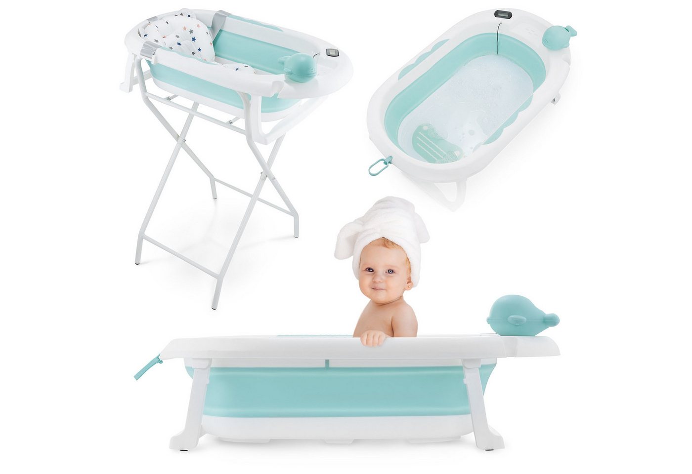 Moby-System Babybadewanne Faltbare Babywanne mit Thermometer und Ständer - Mint von Moby-System