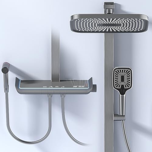 Duschsystem LED Batterielose Multifunktion, Dusche Komplett für Badzimmer Thermostat, mit Regendusche Duschkopf und Handbrause (Gunmetal Grey) von MocArt