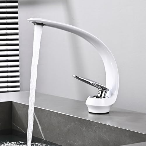 MocArt 22012 Creative Arched Moon Wasserhahn, Badezimmer-Waschtischarmatur, Hotel-Mischbatterie, Blasenfluss, Keramikventilkern, Wassersparendes Design (Weiß + Silberne Farbe) von MocArt