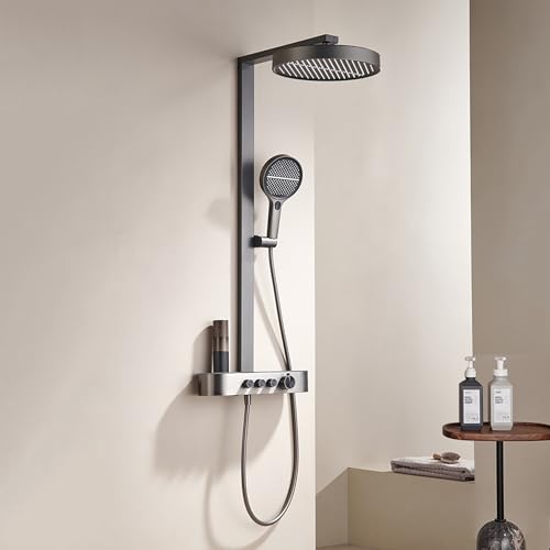 MocArt 2519 Wand-montiertes Duschsystem, 3-Modi Unabhängige Wasserauslass, Großes Ablagebrett, 4-Stufen-Handbrause, Kupferkern-Wasserweg, Multifunktionales Wasserspar-Design (Metallic Grau) von MocArt