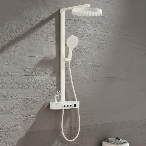 MocArt 2519 Wand-montiertes Duschsystem, 3-Modi Unabhängige Wasserauslass, Großes Ablagebrett, 4-Stufen-Handbrause, Kupferkern-Wasserweg, Multifunktionales Wasserspar-Design (Milchig Weiß) von MocArt
