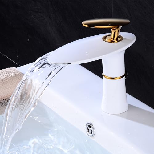 MocArt 60169 Kreativer Wasserfall Wasserhahn, imitierte UFO Form, Badezimmer Warm und Kaltwasserhahn, Hotelwaschbecken Mischwasserhahn, Keramikventilkern, Wassersparendes Design (Weiß + Gold) von MocArt