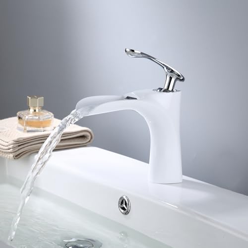 MocArt 6052 Wasserfall Wasserhahn, Hotel Badewannen Messinghahn, Warm und Kalt Mischhahn für Badezimmer Waschbecken, Keramikventilkern, Kreatives Wassersparendes Design (Weiß + Silber) von MocArt