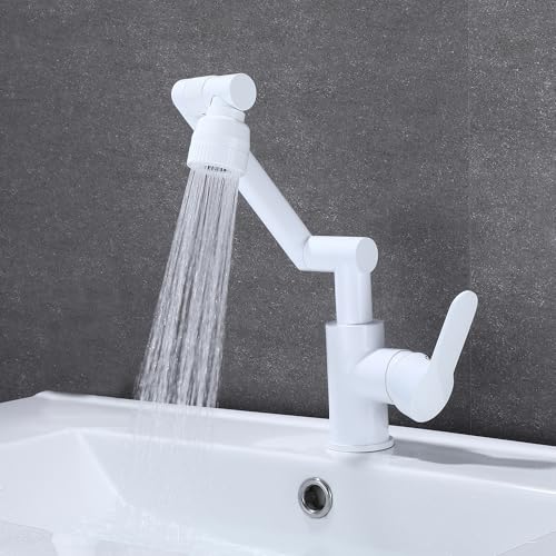 MocArt 7003 Wasserhahn, Multidirektional Drehbarer Wasserhahn, Hotel Bad Mischer Wasserhahn aus Kupfer, Keramikventilkern, Dual Wasserauslassmodus, Wassersparendes Design (Weiß) von MocArt