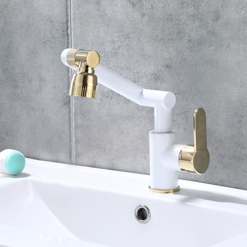 MocArt 7003 Wasserhahn, Multidirektional Drehbarer Wasserhahn, Hotel Bad Mischer Wasserhahn aus Kupfer, Keramikventilkern, Dual Wasserauslassmodus, Wassersparendes Design (Weiß + Gold) von MocArt