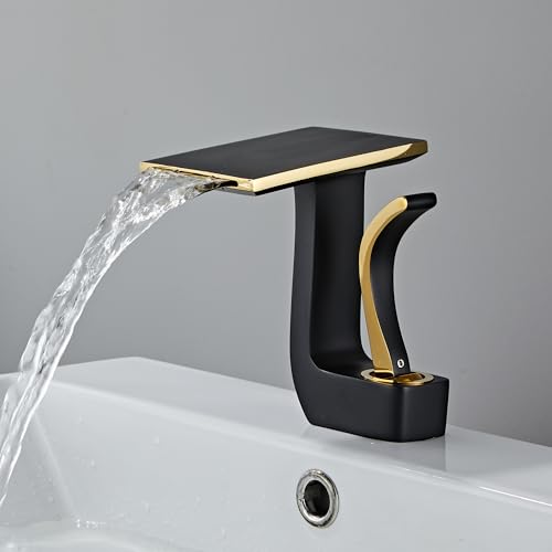 MocArt 7014 Wasserfall Wasserhahn, Wassersparender Bad Mischhahn, Warm und Kaltbad Wasserhahn, Komplett aus Kupfer Gegossener Körper, Wasserzulaufschlauch aus Edelstahl (Schwarzes Gold) von MocArt