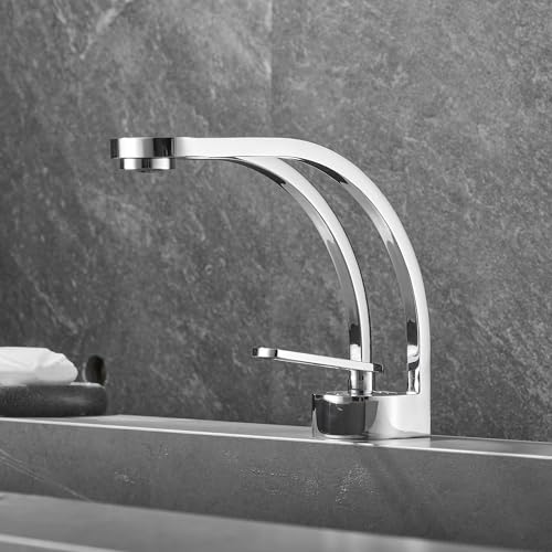 MocArt Mischbatterie Waschbecken Bad, Kunst Badezimmer Wasserhahn, Waschtischarmatur, mit 60cm Kalt/Warmwasser Schläuche, für Gäste WC, Badezimmer (Galvanisiertes Silber) von MocArt