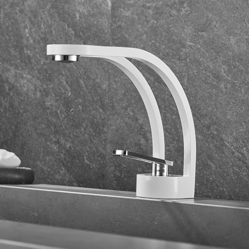 MocArt Mischbatterie Waschbecken Bad, Kunst Badezimmer Wasserhahn, Waschtischarmatur, mit 60cm Kalt/Warmwasser Schläuche, für Gäste WC, Badezimmer (Weiß Silber) von MocArt