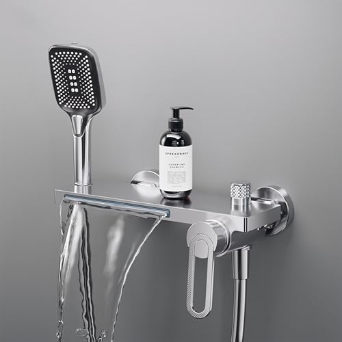 MocArt N502 Vollkupfer Badezapfen, Kalt-Warm-Regelung, Wandmontage, Handbrause mit 3 Stufen & Wasserfall-Auslass – Ideal für Badezimmerumbau und Modernisierung (Chrom) von MocArt