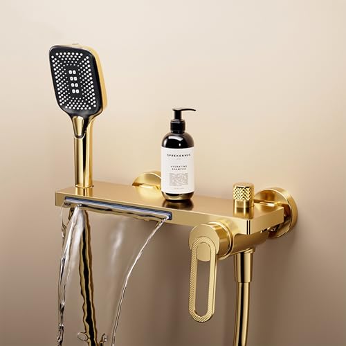 MocArt N502 Vollkupfer Badezapfen, Kalt-Warm-Regelung, Wandmontage, Handbrause mit 3 Stufen & Wasserfall-Auslass – Ideal für Badezimmerumbau und Modernisierung (Gold) von MocArt
