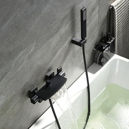 MocArt N509 Badewannen-Wandarmatur, Duale Ausströmfunktion (Wasserfall & Regen), mit Handbrause, Doppelhebel für Warm und Kaltwasser, Messingkörper, Geeignet für Badezimmermodernisierung (Schwarz) von MocArt