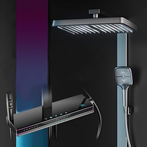 MocArt SFES8 Futuristisches Duschsystem fürs Badezimmer, 5-Funktions-Wasser, Digitale Temp-Anzeige, Multi-Winkel-Duschkopf, Bauch-Rücken-Massage, Kupfer-Ventilkern – als Bad-Helfer (Elegantes Grau) von MocArt