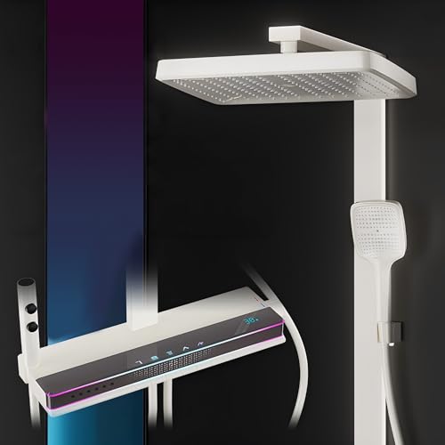 MocArt SFES8 Futuristisches Duschsystem fürs Badezimmer, 5-Funktions-Wasser, Digitale Temp-Anzeige, Multi-Winkel-Duschkopf, Bauch-Rücken-Massage, Kupfer-Ventilkern – als Bad-Helfer (Milchig Weiß) von MocArt