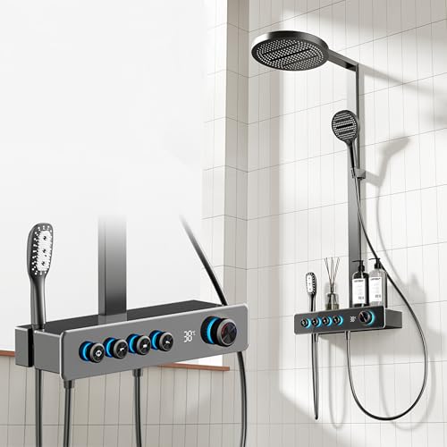 MocArt SFS800 Wandmontages Duschsystem, 4 Wasserauslassmodi (300mm Dachbrause + Handbrause + Kindbrause + Wasserfall), 59A Messingwasserkanal & Hydropower Digitales Temperaturdisplay (Graphitschwarz) von MocArt