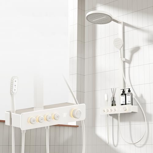 MocArt SFS800 Wandmontages Duschsystem, 4 Wasserauslassmodi (300mm Dachbrause + Handbrause + Kindbrause + Wasserfall), 59A Messingwasserkanal & Hydropower Digitales Temperaturdisplay (Mondlichtweiß) von MocArt