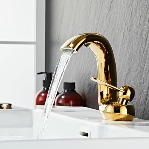 MocArt XM01 Wasserfall Wasserhahn, Kreativer Badezimmer Mischhahn, Hotel Warm und Kaltwasserhahn, Messingmaterial, Keramikventilkern, Wassersparendes Design (Gold) von MocArt