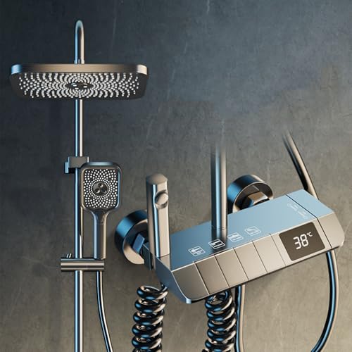MocArt wassersparendes Thermostat Duschsystem, Kupferkern-Duschset inkl. ABS eckiger Kopfbrause und Handbrause (3 Strahlarten), Unterer Auslauf, bündige Spritzpistole (Grau) von MocArt
