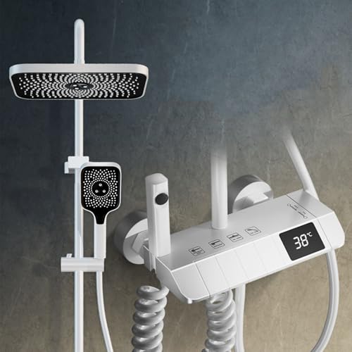 MocArt wassersparendes Thermostat Duschsystem, Kupferkern-Duschset inkl. ABS eckiger Kopfbrause und Handbrause (3 Strahlarten), Unterer Auslauf, bündige Spritzpistole (Weiß) von MocArt