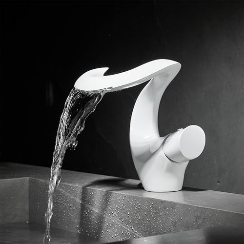 Waschbecken Hahn im Badezimmer, Heiß und Kalt Einstellbar, Wasserhahn Bad Aus 59 raffiniertem Kupfer, Wasserhahn Bad Wasserfall Waschtischarmatur (Weiß) von MocArt