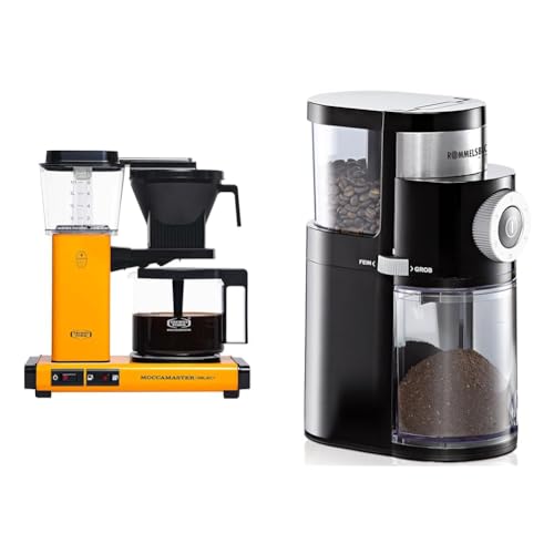 Moccamaster Filter Kaffeemaschine KBG Select, 1.25 Liter, 1520 W, Yellow Pepper & ROMMELSBACHER Kaffeemühle EKM 200 – aromaschonendes Scheibenmahlwerk, 110 Watt, schwarz von Moccamaster