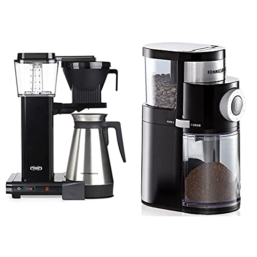 Moccamaster Filter Kaffeemaschine KBGT Thermos, 1.25 Liter, 1450 W, Black & ROMMELSBACHER Kaffeemühle EKM 200 – Füllmenge Bohnenbehälter 250 g, 110 Watt, schwarz von Moccamaster