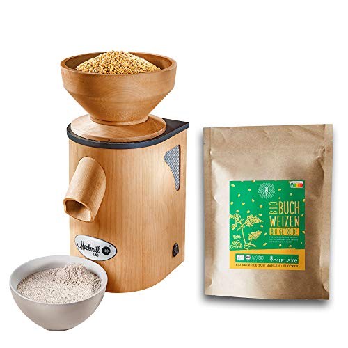 Getreidemühle Mockmill Lino 100 | Made in Germany | Edelkorund und Keramik Mahlstein | frisches Mehl | (Lino 100 + 2,5 kg Bio Buchweizen) von Mockmill