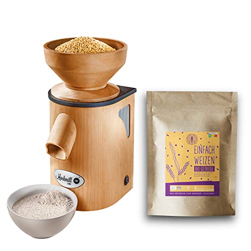 Getreidemühle Mockmill Lino 100 | Made in Germany | Edelkorund und Keramik Mahlstein | frisches Mehl | (Lino 100 + 2,5 kg Bio Weizen) von Mockmill