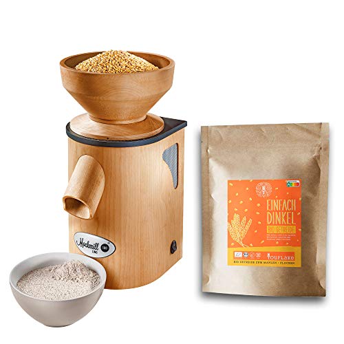 Getreidemühle Mockmill Lino 200 | Made in Germany | Edelkorund und Keramik Mahlstein | frisches Mehl | (Lino 200 + 2,5 kg Bio Dinkel) von Mockmill