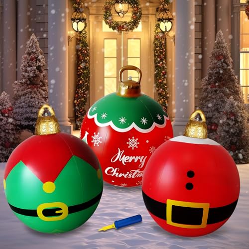 3 Stücke Aufblasbar Weihnachtskugeln 60CM, Weihnachtskugeln Groß Aufblasbare Christmaskugel Weihnachtsball Weihnachtsdeko für Innenhof Aussen Garten Weihnachten Dekoration (Typ 1) von Mocoli