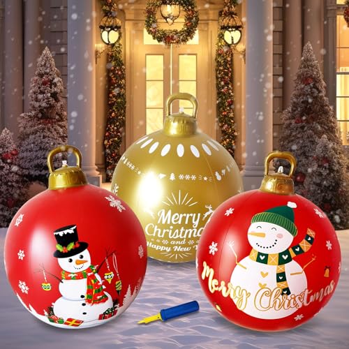3 Stücke Aufblasbar Weihnachtskugeln 60CM, Weihnachtskugeln Groß Aufblasbare Christmaskugel Weihnachtsball Weihnachtsdeko für Innenhof Aussen Garten Weihnachten Dekoration (Typ 2) von Mocoli