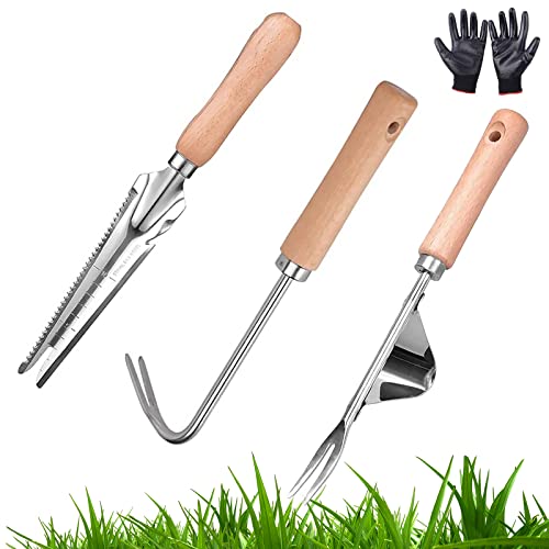 Hand Unkrautstecher, 3 Stück Unkrautstecher Weeder,Manueller Unkrautstecher Weeder,Garden Hand Weeder, Jäten Werkzeug Gartenschaufel Klein Edelstahl mit handschuhe,für Garten Gras Graben, Jäten von Mocoli