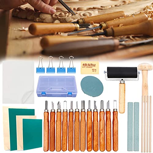 Holz Schnitzwerkzeug Set, 32 Stück Holz Schnitzmesser Schnitz Set Schnitzholz Lino-Schneid und Druckset für Erwachsene Kinder mit Gummiblatt Holzschnittbrett Bleistift Schleifstein Radiergummi Clips von Mocoli