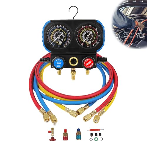 Kältemittel Nachfüllset, Kältemittelanzeige Klimaanlage Befüllen Set für R1234YF R134A R404A R12 AC Manometer Set Multifunktionales AC/HVAC-Manometerset 3-Wege mit Doppelskala 3 Ventil von Mocoli