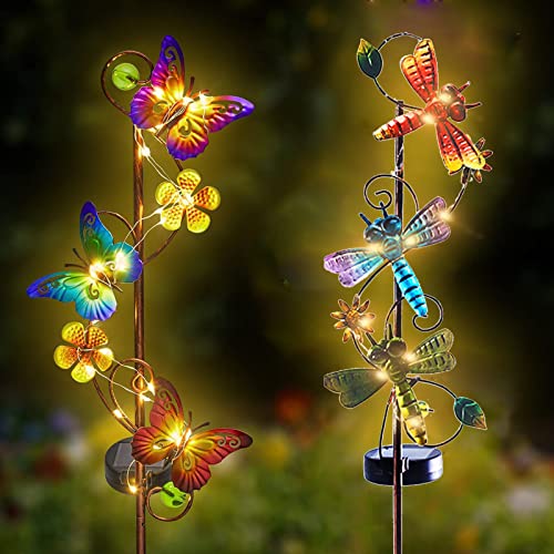 Mocoli Solarlampen für Außen Garten, Solar Gartenleuchte 2 Paket Schmetterling/Libelle Solar Außenleuchten Wasserdicht Garten Pfahl für Garten, Rasen, Terrasse oder Hof von Mocoli