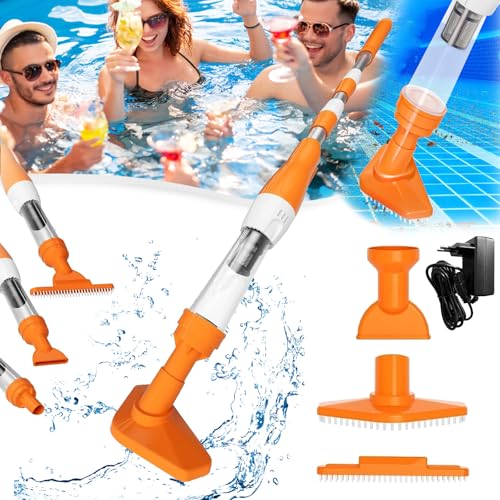 Poolsauger, 3 In 1 Poolsauger Kabellos mit Akku Pool Handsauger Wiederaufladbar Bodensauger Poolreiniger mit Teleskopstange 6W 1600Mah 104.5-165CM Pool Staubsauger für Kleine Pools Spas (Orange) von Mocoli