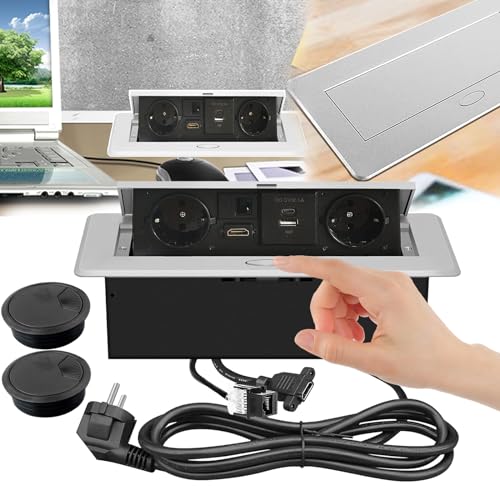 Tischsteckdose, Tischeinbau Steckdosen versenkbare Steckdose tischsteckdose mit USB 2 EU LAN HDMI und USB Typec MAX 20W Intelligentes Aufladen USB Steckdose mit 2PCS Lochabdeckung für Büro Küche von Mocoli