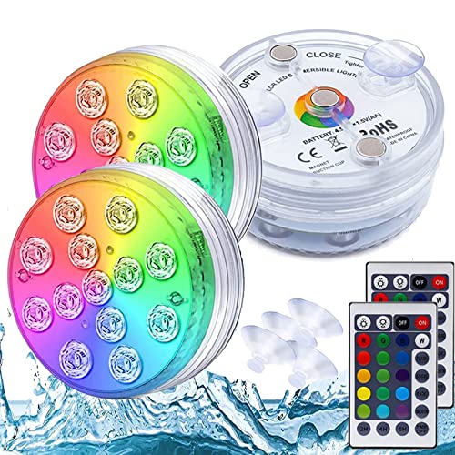 Unterwasser Licht, 2 Stck Pool Licht Unterwasser LED Pool Beleuchtungen Fernbedienung Timer RGB 13 LEDs Farbwechsel IP68 Magnetisch Wasserdichtes Saugnapf für Poolbeleuchtung Vasenbasis Aquarium von Mocoli