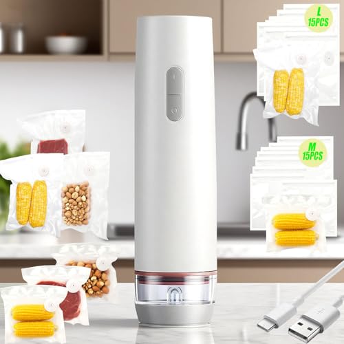 Vakuumierer, Vakuumiergerät Mit 30 Beuteln Hand Vakuumierer Wiederaufladbar Vakuumierstab USB Ladekabel Handheld & Kompakt Luftdicht Aromasicher Lebensmittel Einfach zu Bedienen Wiederverwendbar von Mocoli