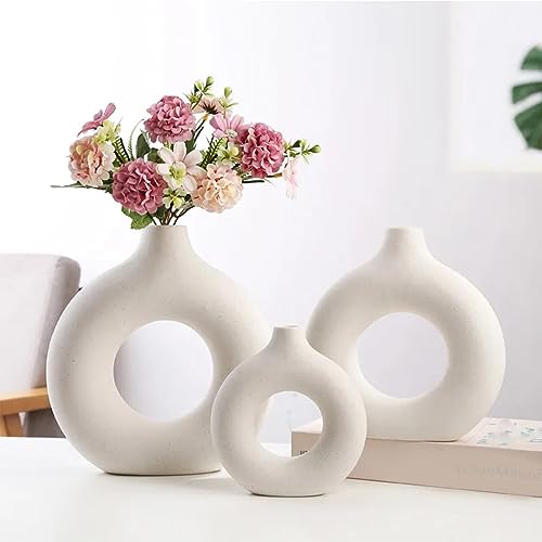 Vase, 3 Stück Vasen Keramik Vase Weiße Blumenvasen aus Keramik Runde Form Modern Getrocknete Blumenvasen Vase Donut für Moderne Boho Nordic Minimalismus für Deko Wohnzimmer Badezimmer Deko von Mocoli