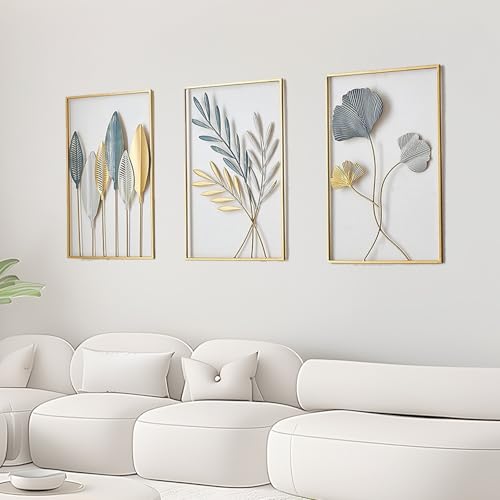 Wanddeko, 3 Stück Wand deko Wohnzimmer 43x30cm Wanddekos Metall Schlafzimmer Wall Decoration Living Room Gold Modern Metall BläTter Wanddeko für Wohnzimmer Schlafzimmer von Mocoli