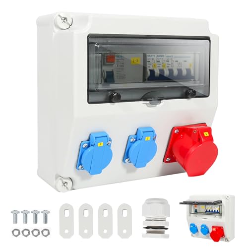Wandverteiler, Stromverteiler mit Leitungsschutzschalter und RCCB, 1X16A 2x230V MIT LS+FI Baustromverteiler mit Sicherheitsklappdeckel und CEE-Steckdose 16A für Innen- und Außenanwendung von Mocoli