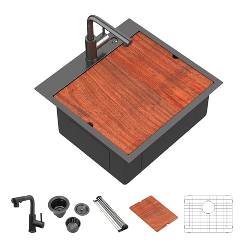 Mocoloo 53,3 cm schwarze Barspüle mit Wasserhahn, Außenspülen, 16 Gauge, Edelstahl, Einzelbecken, Arbeitsplatz, kleine Küchenspülen mit ausziehbarem Wasserhahn, 53,3 x 50,8 x 22,9 cm von Mocoloo