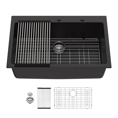 Mocoloo 83,8 cm Granit-Küchenspüle – 83,8 x 55,9 x 24,5 cm, schwarze Einklappspüle, mattschwarzes Quarz, Einzelbecken, Topmount Küchenspüle mit unterem Gitter und Ablauf Mocoloo 83,8 cm Granit-Küchenspüle – 83,8 x 55,9 x 24,5 cm, schwarze Einklappspüle, mattschwarzes Quarz, Einzelbecken, Topmount Küchenspüle mit unterem Gitter und Ablauf von Mocoloo