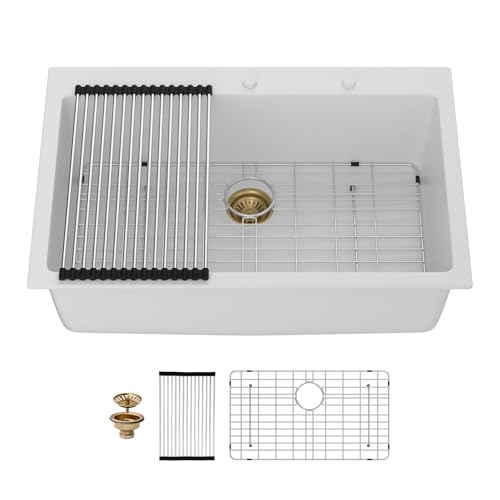 Mocoloo 83,8 cm Granit-Küchenspüle – 83,8 x 55,9 x 24,5 cm, weiße Drop-in-Spüle, weißes schwarzes Quarz, Einzelbecken, Topmount Küchenspüle mit unterem Gitter und Abfluss von Mocoloo